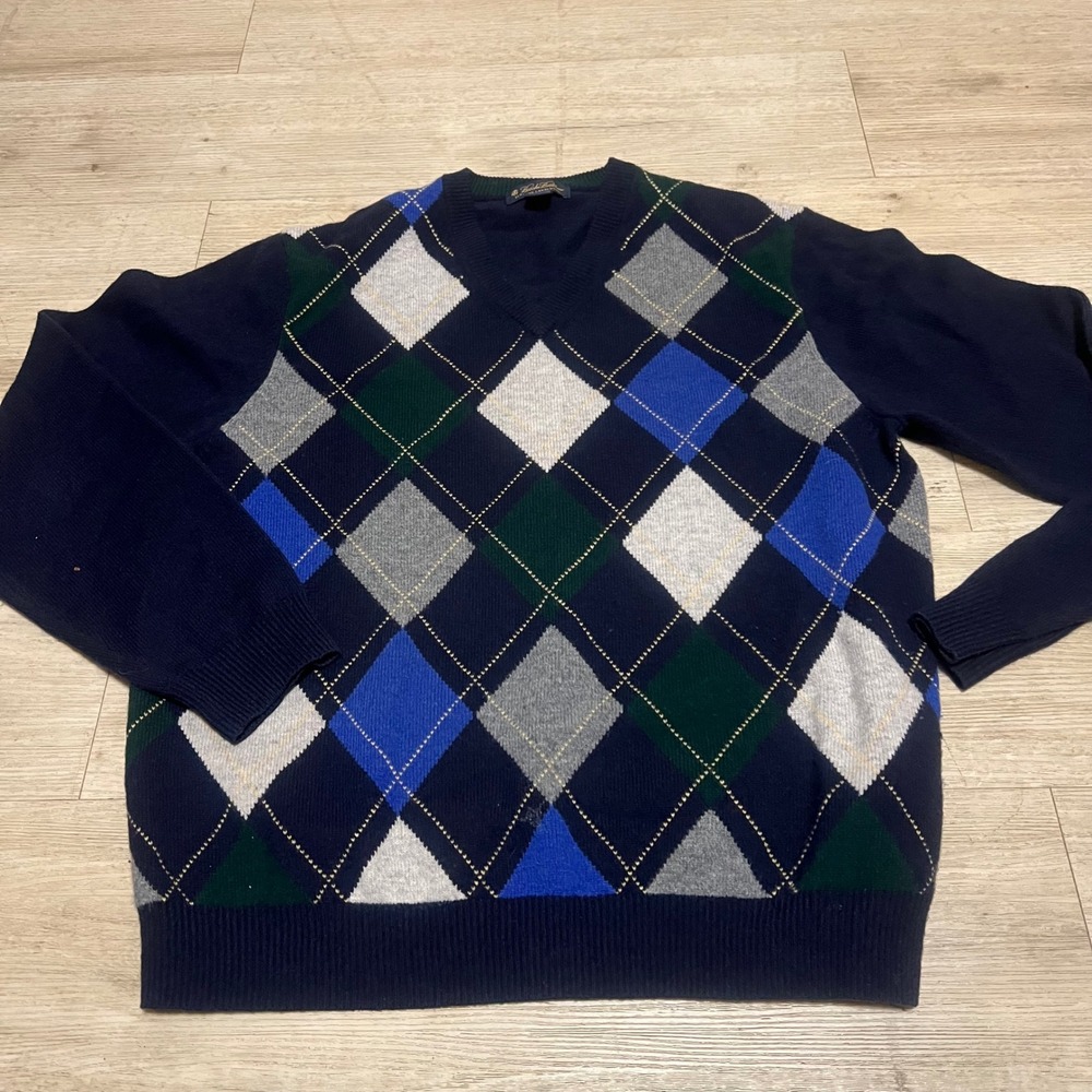 Brooks Brothers Scottish Lambswool Argyle V Neck Sweater Men's Large‎ Blue Green